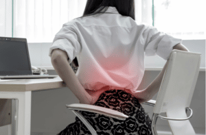 Asian woman Office syndrome backache hand touching back pain